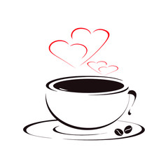 Cup of hot black coffee with heart-shaped smoke. Valentine Day or coffee lover concept