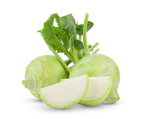 Fresh kohlrabi with green leaves on isolated white backround. full depth of field