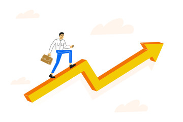 Business concept. Young business man climbing up on an arrow to his goal. Career rise to success metaphor. Moving up motivation. Business growth analysis. Vector illustration.