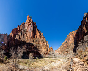 Impression from Virgin river walking path in the Zion National Park in winter