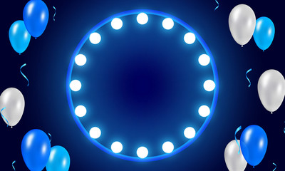 Dark festive background. Party mood lighting, circular lamp with illuminated bulbs. Flying white and blue balloons with falling bright confetti. Empty space for the text in the middle. 3D illustration