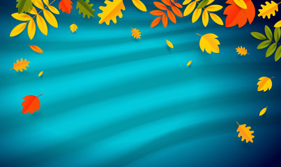 Fototapeta na wymiar Autumn Foliag fall. Blue background waves