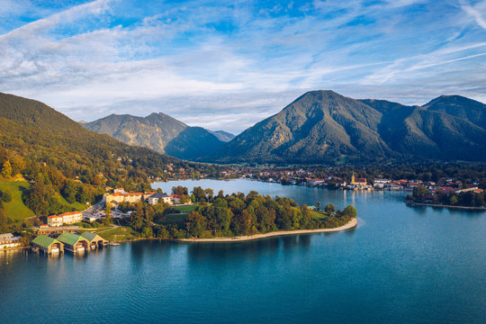 Tegernsee, Germany. Lake Tegernsee in Rottach-Egern (Bavaria), Germany near the Austrian border. Aerial view of the lake "Tegernsee" in the Alps of Bavaria. Bad Wiessee. Tegernsee lake in Bavaria.