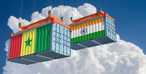 Shipping containers with India and Senegal flag. 3D Rendering 