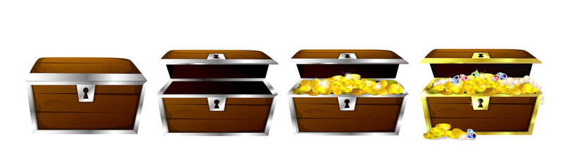 Set of chests with gold and empty. Vector illustration