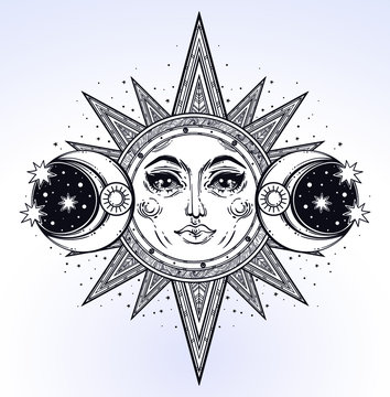 Vintage hand drawn sun, two moon, night sky. Vector for coloring book, t-shirts design, tattoo, art. Sacred Geometry, Magic, Esoteric Philosophies. Vector illustration for commercial and personal use.