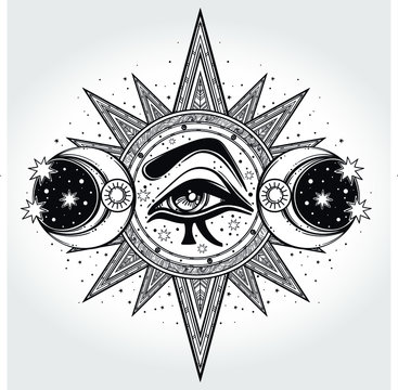 All-seeing eye is on the traingle with a starninght sky beling of which the rays of the sun. Religion philosophy, spirituality, occultism, chemistry, science, magic.Isolated vector illustration.