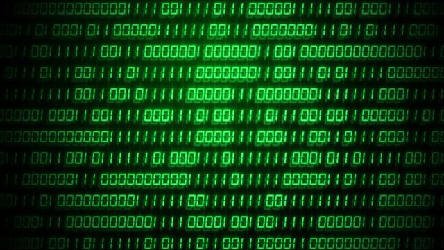 Digital binary code number on computer screen with video glitch effect. Green digital numeral hex software global network. Cyber security and hacker interrupt concept. Big Data technology. 4K motion