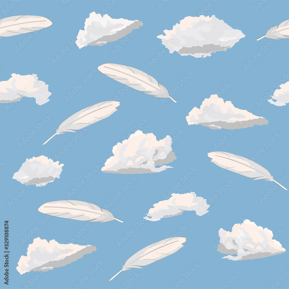 Wall mural Seamless repeating pattern of clouds and feathers