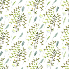 Fototapeta na wymiar Watercolor seamless pattern with spring flowers and different decorative leaves