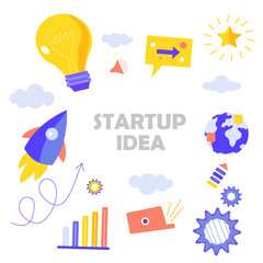Startup idea background, vector graphic illustration with rocket, computer, chart, web element for the successful business