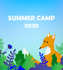 Summer camp childrenâ€™s background for the poster or flyer with nature elements. Vector graphic illustration for kidsâ€™ educational events.