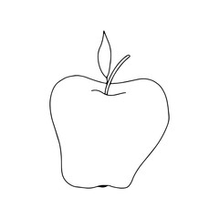 The Apple with the leaf is drawn in the Doodle style .Contour drawing.Black and white illustration of an Apple. Isolated fruit on a white background.Food for vegans.Vector illustration.