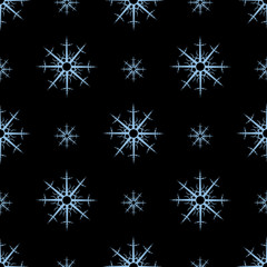 Seamless pattern with blue snowflakes on black background for plaid, fabric, textile, clothes, tablecloth and other things. Vector image.