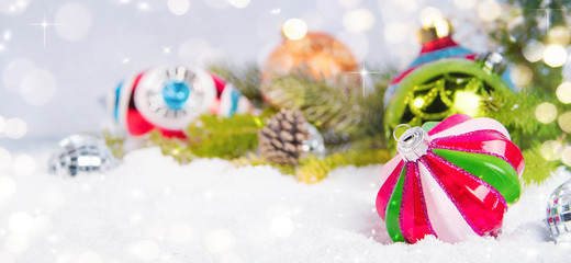 Merry Christmas and Happy New Year, Holidays greeting card with blurred bokeh background