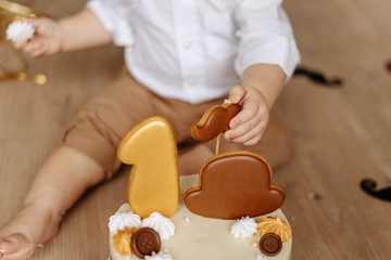 Obraz na płótnie Canvas Child Holding Chocolate Cookie in Moustache Form and Meringue 1st Birthday Closeup Photo. Character Small Baby and Delicious Creamy Cake Decorated Biscuits on Wooden Floor Horizontal Photography