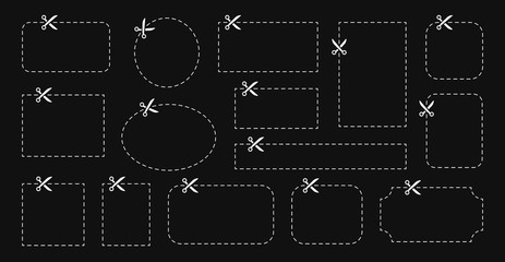 Fototapeta premium Set of Coupon. Scissors cut template and dashed line. Gift Coupon element template, graphics design. Voucher promo code. Sale, discount, shop, food and drink, business. Vector illustration.