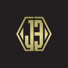 JE Logo monogram with hexagon line rounded design template with gold colors