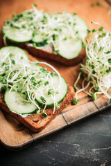 Sandwich with cucumber, cheese and microgreens. Selective focus. Shallow depth of field.