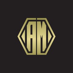 AM Logo monogram with hexagon line rounded design template with gold colors