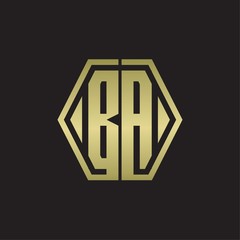BA Logo monogram with hexagon line rounded design template with gold colors