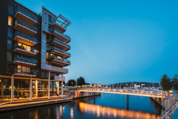 Oslo, Norway. Night View Of Residential Multi-storey Houses In Aker Brygge District. Summer...