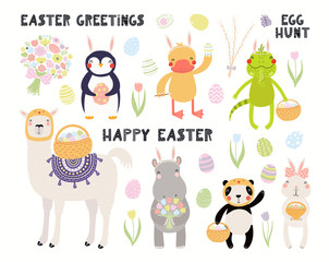 Obraz na płótnie Canvas Big Easter set with cute animals, eggs, flowers, quotes. Isolated objects on white background. Hand drawn vector illustration. Scandinavian style flat design. Concept kids holiday print, card, invite.