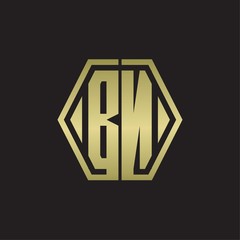 BN Logo monogram with hexagon line rounded design template with gold colors