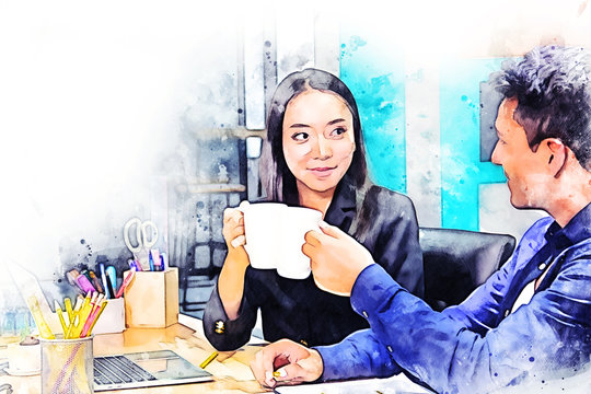 Abstract business persons talking and working at desk on watercolor illustration painting background.