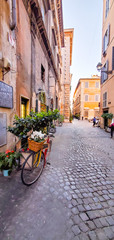 ROME, ITALY - February 7, 2020:  The cobbled streets.  Old street in Rome, Italy. street view. Architecture and landmark of Rome