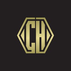 CH Logo monogram with hexagon line rounded design template with gold colors