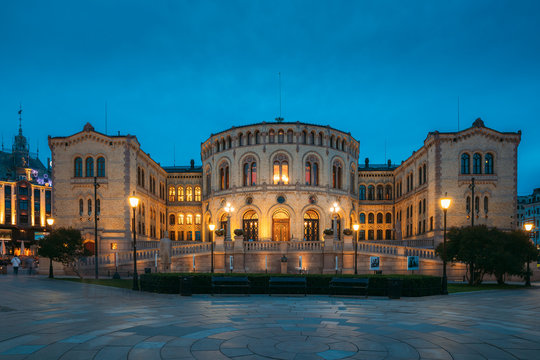 Oslo, Norway. Night View Of Storting Building. Parliament Of Norway Building