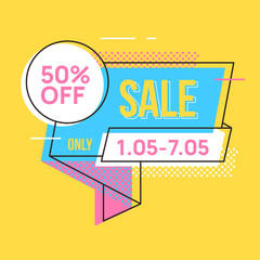 Sale banner template design in flat retro poster style. Vector illustration.
