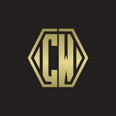 CW Logo monogram with hexagon line rounded design template with gold colors