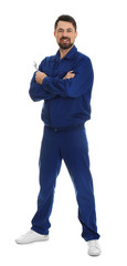 Naklejka premium Full length portrait of professional auto mechanic with wrench on white background