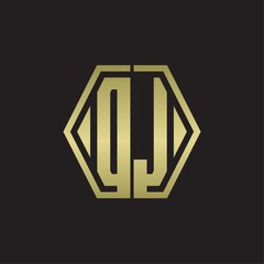 DJ Logo monogram with hexagon line rounded design template with gold colors