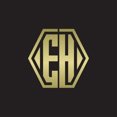EH Logo monogram with hexagon line rounded design template with gold colors