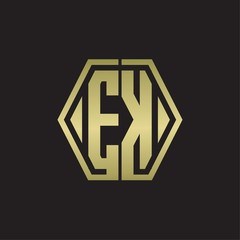 EK Logo monogram with hexagon line rounded design template with gold colors