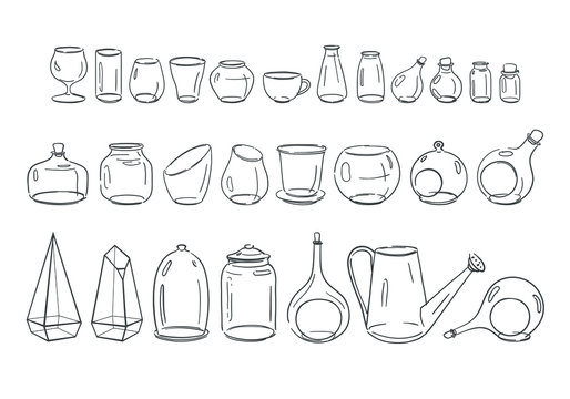 Big set of glass objects: glasses, jars, bottles, aquariums, flasks. Vector household objects isolated on white. Linear sketches of mason jar,wine glass, vases, etc. 