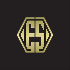ES Logo monogram with hexagon line rounded design template with gold colors