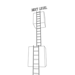 Next level with high giant box wall towards the sky with clouds and tall ladders. Pass challenge to reach the goal concept. Wireframe low poly mesh vector illustration.