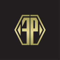 FP Logo monogram with hexagon line rounded design template with gold colors