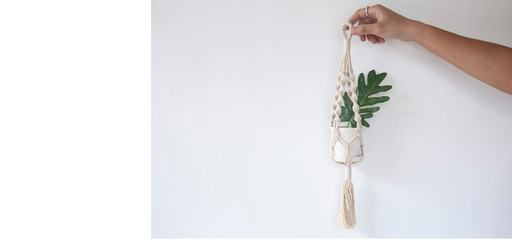 Hand holding Macrame plant hanger (leaf of Philodendron Xanadu).minimal style