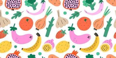 Fototapeten Fruit and vegetables, seamless pattern, hand drawn colorful doodle veggies. Vector texture. Trendy cute illustrations of pepper, banana, pogranate, broccoli. Vegetarian healthy food © Favebrush