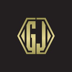 GJ Logo monogram with hexagon line rounded design template with gold colors