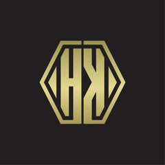 HK Logo monogram with hexagon line rounded design template with gold colors