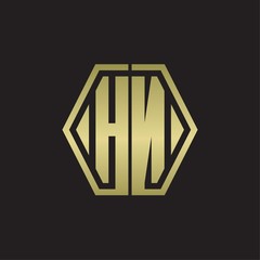 HN Logo monogram with hexagon line rounded design template with gold colors