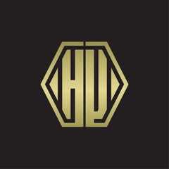 HU Logo monogram with hexagon line rounded design template with gold colors