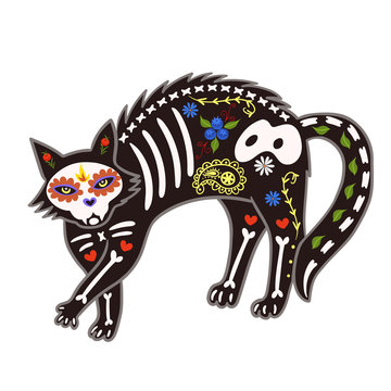 Death Day cat. Sugar skeleton isolate on a white background. Vector graphics.