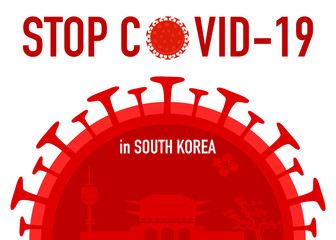 Fototapeta premium Stop COVID-19 concept famous building in South Korea on symbol of COVID-19.